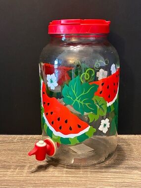 Vintage 1-Gallon Glass Watermelon Sun Tea Jar Beverage Dispenser Red Lid Spigot